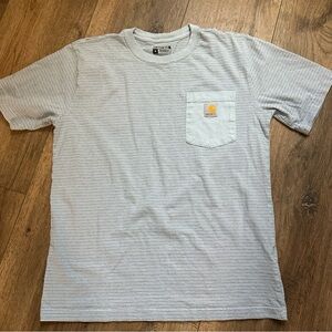 Carhartt Men's Light Blue Short Sleeve Striped Tee, Front Chest Pocket, M